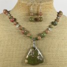 RHYOLITE AUTUMN JASPER UNAKITE NECKLACE/EARRINGS SET