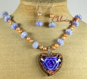 FLOWER LAMPWORK PEARLS NECKLACE/EARRINGS SET