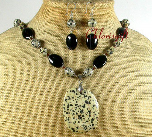 DALMATIAN JASPER BLACK AGATE NECKLACE/EARRINGS SET