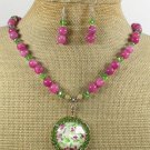 COPPER FLOWER PORTRAIT JADE NECKLACE/EARRINGS SET