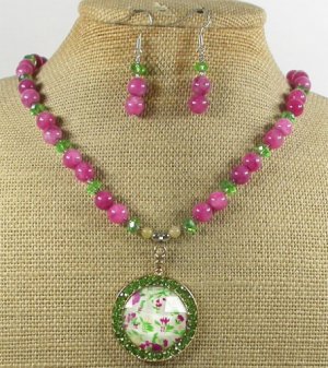 COPPER FLOWER PORTRAIT JADE NECKLACE/EARRINGS SET