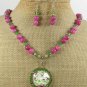 COPPER FLOWER PORTRAIT JADE NECKLACE/EARRINGS SET