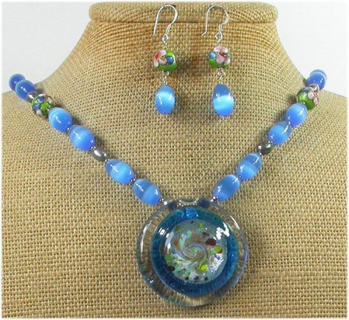 MURANO GLASS CAT EYE CLOISONNE NECKLACE/EARRINGS SET
