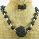 BLACK VOLCANO LAVA & FW PEARL NECKLACE/EARRINGS SET