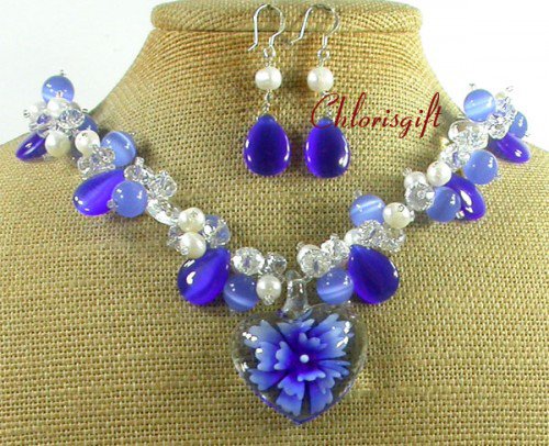 FLOWER LAMPWORK CAT EYE CRYSTAL NECKLACE/EARRINGS SET