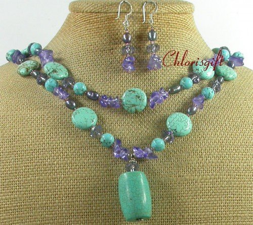 TURQUOISE BLUE QUARTZ CRYSTAL NECKLACE/EARRINGS SET