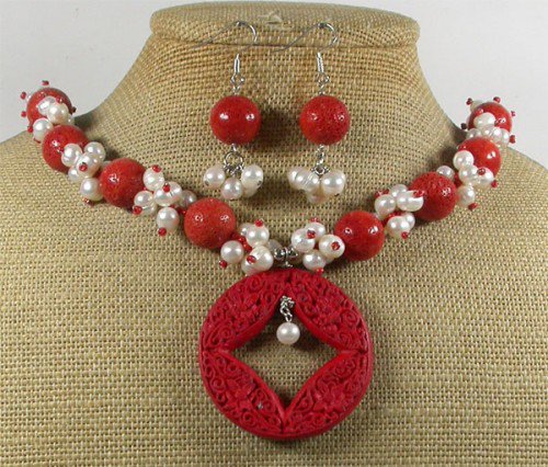 RED CINNABAR & CORAL & PEARLS NECKLACE/EARRINGS SET