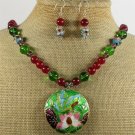 FLOWER CLOISONNE RED JADE CRYSTAL NECKLACE/EARRINGS SET