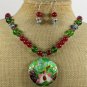 FLOWER CLOISONNE RED JADE CRYSTAL NECKLACE/EARRINGS SET
