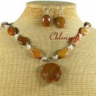 BROWN AGATE ROSE QUARTZ NECKLACE/EARRINGS SET