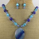 BLUE AGATE CAT EYE JADE NECKLACE/EARRINGS SET