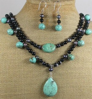 TURQUOISE BLACK AGATE PEARLS 2ROW NECKLACE/EARRINGS SET
