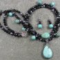TURQUOISE BLACK AGATE PEARLS 2ROW NECKLACE/EARRINGS SET