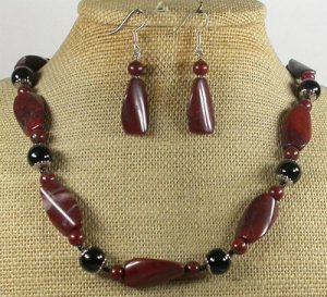 BACCIATED JASPER BLACK AGATE NECKLACE/EARRINGS SET
