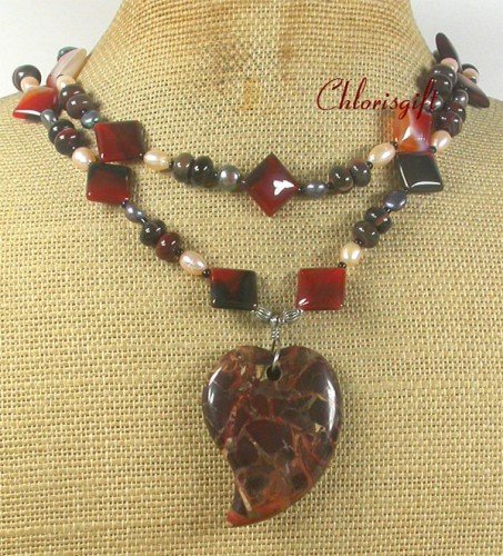 BACCIATED JASPER RED BLACK AGATE PEARLS 2ROW NECKLACE