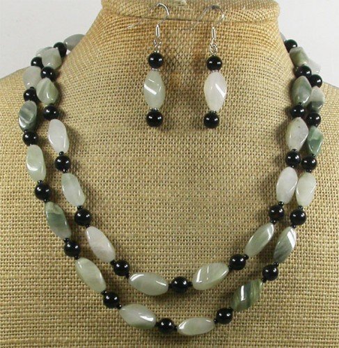 GREEN RUTILATED JASPER AGATE 2ROW NECKLACE/EARRINGS SET