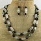 GREEN RUTILATED JASPER AGATE 2ROW NECKLACE/EARRINGS SET