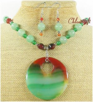 BRAZILIAN AGATE & GREEN JADE NECKLACE/EARRINGS SET
