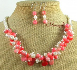 PINK CORAL & FRESH WATER PEARL NECKLACE/EARRINGS SET