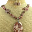 NATURAL MUGER JASPER & RHODONITE NECKLACE/EARRINGS SET