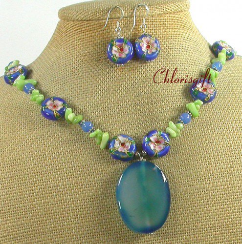 BLUE AGATE CORAL FLOWER CLOISONNE NECKLACE/EARRINGS SET