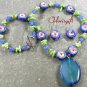 BLUE AGATE CORAL FLOWER CLOISONNE NECKLACE/EARRINGS SET