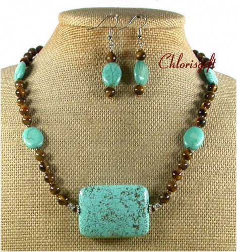 TURQUOISE TIGER EYE NECKLACE/EARRINGS SET