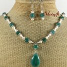 GREEN AGATE FRESH WATER PEARLS NECKLACE/EARRINGS SET