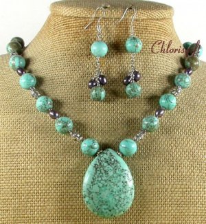 TURQUOISE FRESH WATER PEARLS NECKLACE/EARRINGS SET