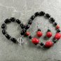 RED CORAL BLACK AGATE NECKLACE/EARRINGS SET