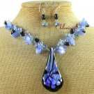 FLOWER LAMPWORK AGATE CAT EYE NECKLACE/EARRINGS SET