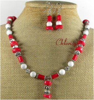 RED CORAL WHITE TURQUOISE NECKLACE/EARRINGS SET