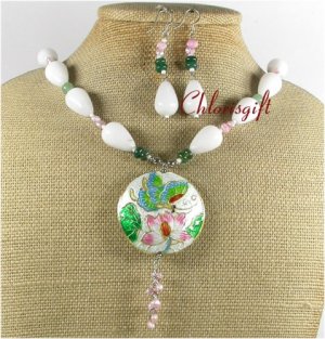 FLOWER CLOISONNE WHITE JADE AGATE NECKLACE/EARRINGS SET