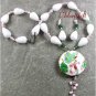 FLOWER CLOISONNE WHITE JADE AGATE NECKLACE/EARRINGS SET