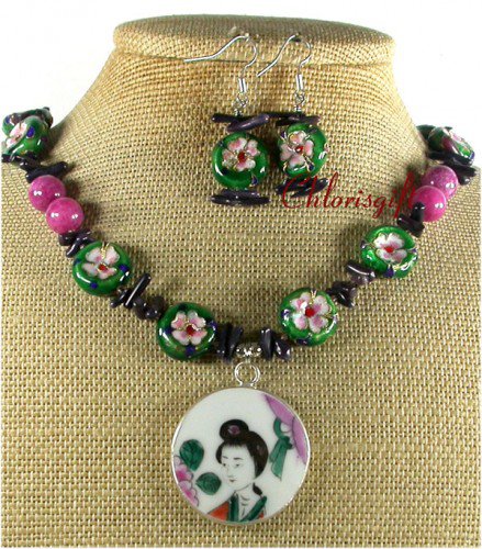 MING DYNASTY POTTERY SHARD JADE NECKLACE/EARRINGS SET