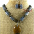 BROWN AGATE BLUE CORAL TIGER EYE NECKLACE/EARRINGS SET