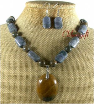 BROWN AGATE BLUE CORAL TIGER EYE NECKLACE/EARRINGS SET
