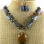 BROWN AGATE BLUE CORAL TIGER EYE NECKLACE/EARRINGS SET