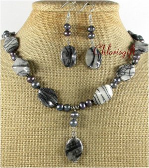 PICASSO JASPER FW BLACK PEARLS NECKLACE/EARRINGS SET