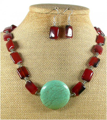 TURQUOISE RED AGATE NECKLACE/EARRINGS SET