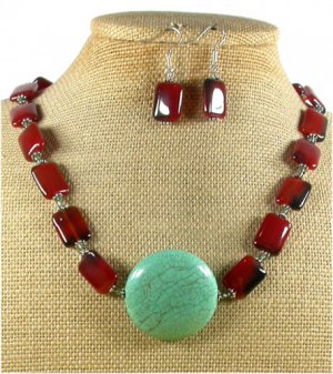 TURQUOISE RED AGATE NECKLACE/EARRINGS SET