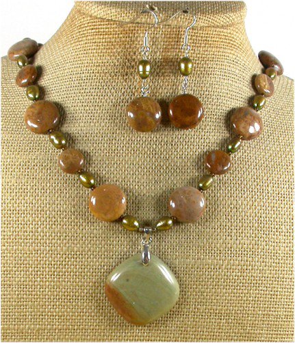 RHYOLITE BROWN AGATE PEARLS NECKLACE/EARRINGS SET