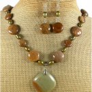 RHYOLITE BROWN AGATE PEARLS NECKLACE/EARRINGS SET