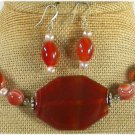 RED CARNELIAN & FW PEARL NECKLACE/EARRINGS SET