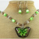 BUTTERFLY LAMPWORK CAT EYE PEARL NECKLACE/EARRINGS SET