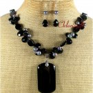 BLACK AGATE CRYSTAL PEARLS NECKLACE/EARRINGS SET