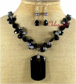 BLACK AGATE CRYSTAL PEARLS NECKLACE/EARRINGS SET