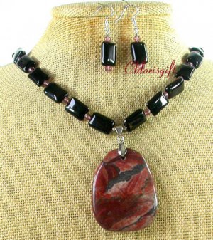 PICTURE JASPER BLACK AGATE NECKLACE/EARRINGS SET