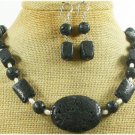 BLACK VOLCANO LAVA FW PEARL NECKLACE/EARRINGS SET