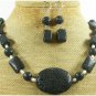 BLACK VOLCANO LAVA FW PEARL NECKLACE/EARRINGS SET